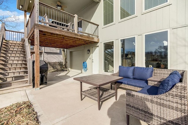 view of patio / terrace featuring an outdoor living space, grilling area, a balcony, and ceiling fan