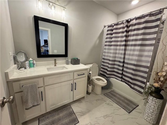 full bathroom with toilet, vanity, and shower / bathtub combination with curtain