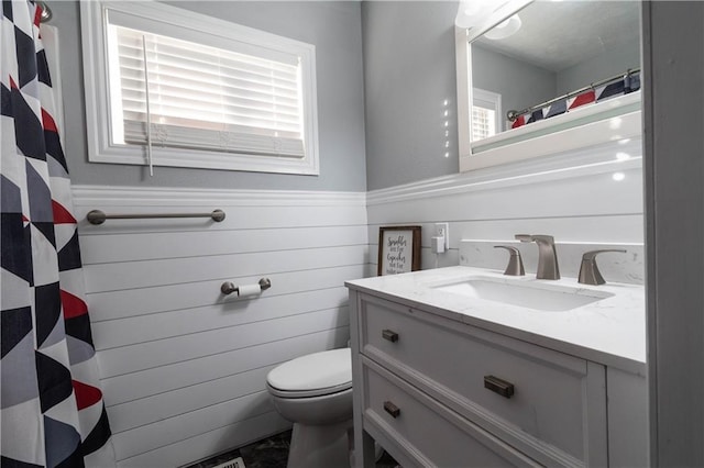 bathroom with toilet, vanity, a wealth of natural light, and wooden walls