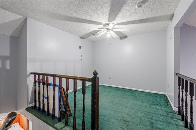 9215 E 85th St, Raytown, MO 64138 - interior space with baseboards, a textured ceiling, visible vents, ceiling fan, and carpet