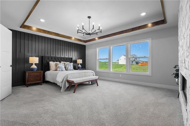17186 S Heatherwood St, Olathe, KS 66062 - carpeted bedroom featuring a raised ceiling, a chandelier, baseboards, and recessed lighting