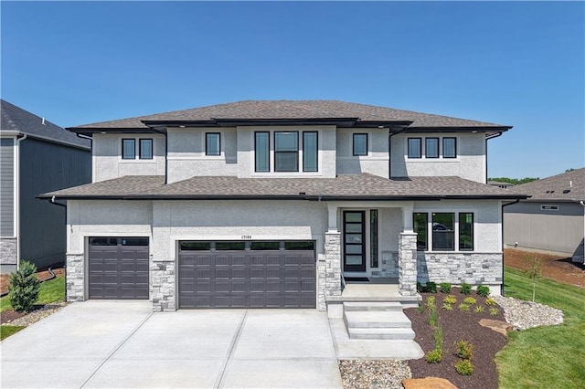 17186 S Heatherwood St, Olathe, KS 66062 - prairie-style house featuring stucco siding, stone siding, and an attached garage