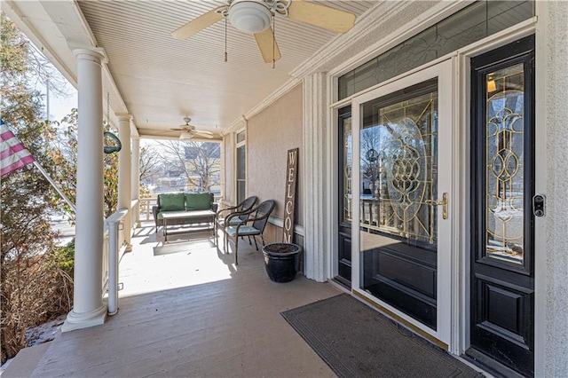 exterior space featuring covered porch and ceiling fan