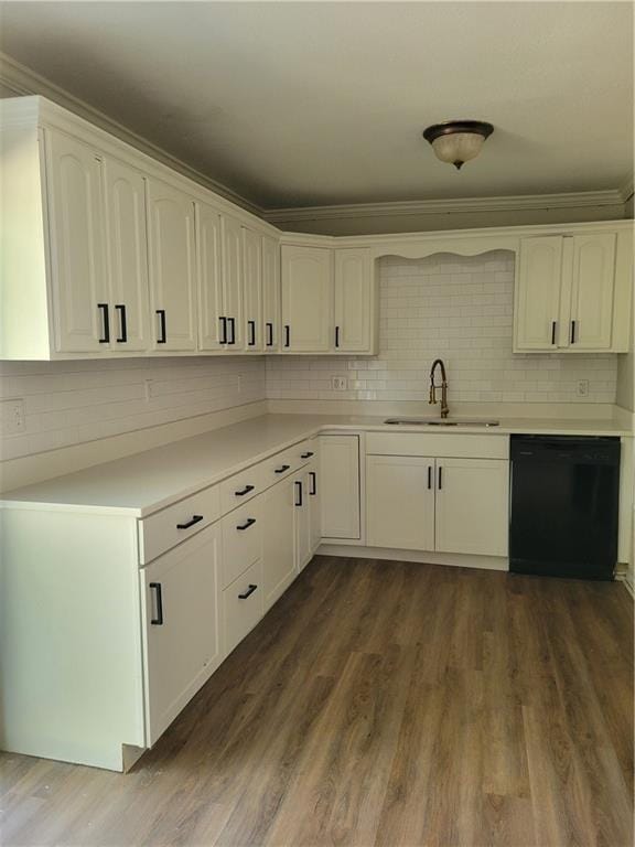 kitchen featuring sink, white cabinetry, dishwasher, and dark hardwood / wood-style floors