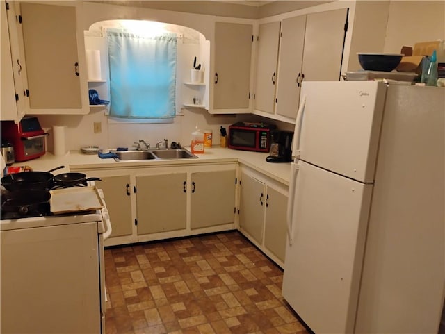 kitchen featuring white cabinetry, sink, and white appliances