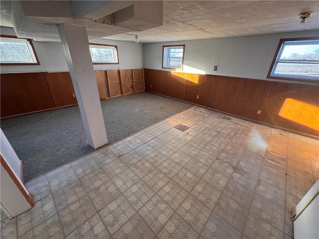 basement with light colored carpet, a wealth of natural light, and wooden walls