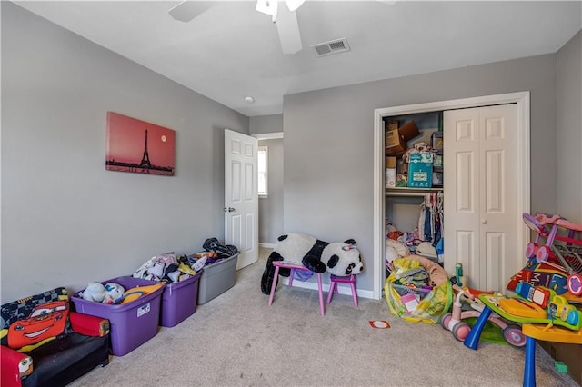 9526 Olmstead Rd, Kansas City, MO 64134 - rec room with carpet floors and ceiling fan