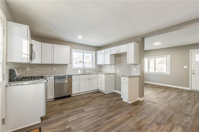 kitchen featuring white cabinetry, appliances with stainless steel finishes, plenty of natural light, tasteful backsplash, and dark wood-type flooring