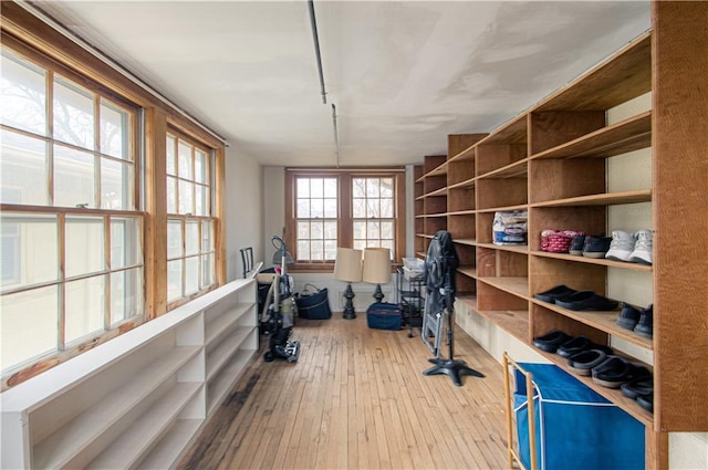 exercise area featuring light wood-type flooring