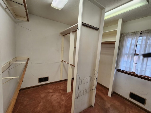 walk in closet with dark colored carpet