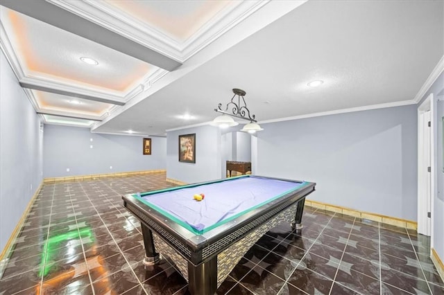 recreation room with crown molding and pool table