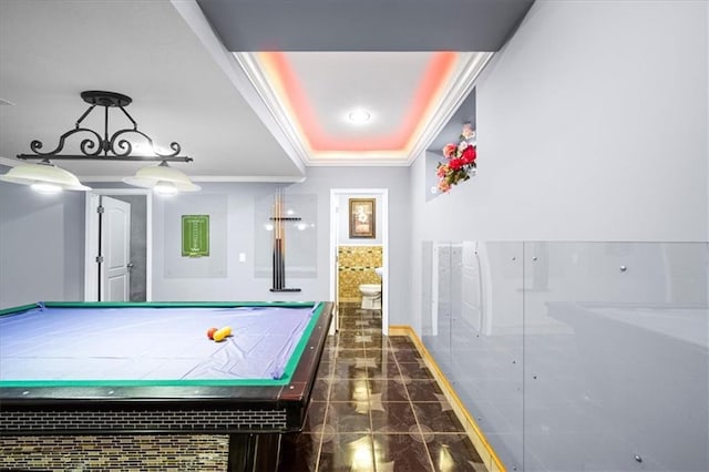 game room with billiards and ornamental molding