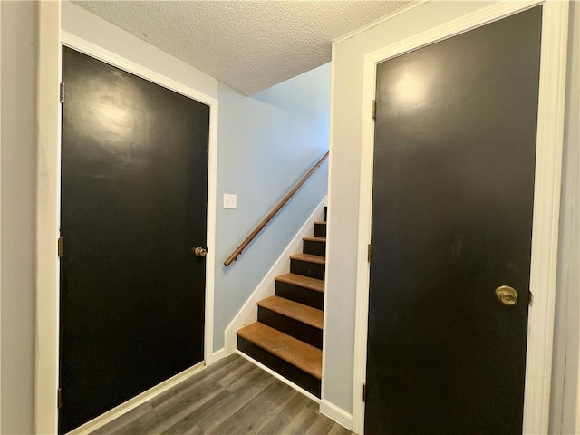 foyer with dark wood-type flooring and a textured ceiling