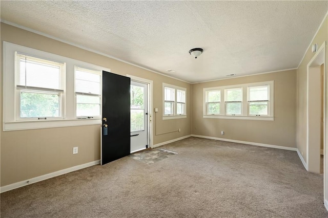 spare room with light carpet, a textured ceiling, and ornamental molding