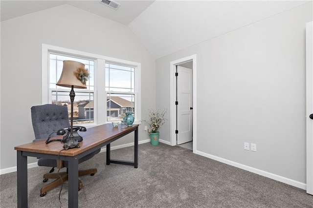 office area featuring vaulted ceiling and carpet flooring