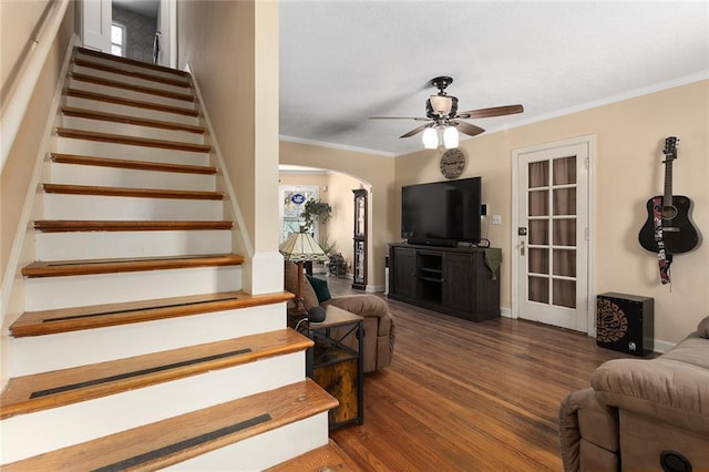 staircase featuring ceiling fan, hardwood / wood-style floors, and crown molding