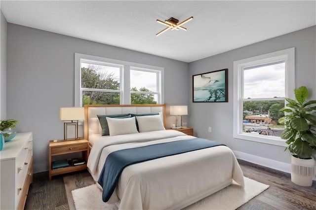 bedroom featuring multiple windows and dark hardwood / wood-style floors