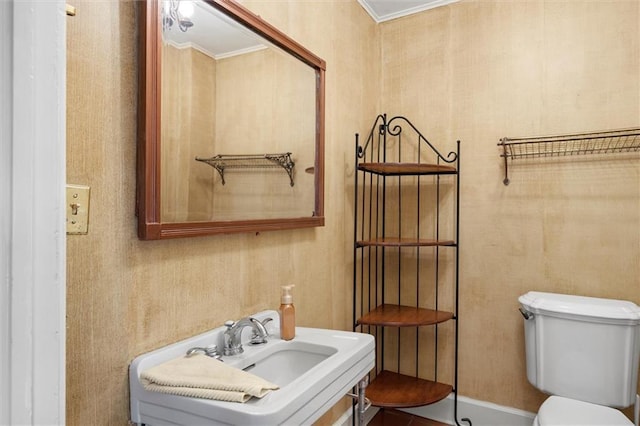 bathroom with toilet and crown molding