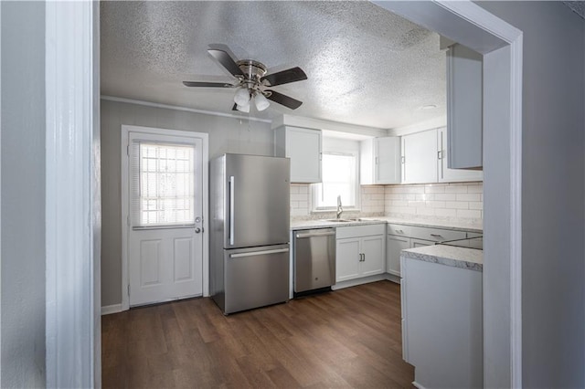 kitchen with white cabinetry, appliances with stainless steel finishes, backsplash, dark wood-type flooring, and sink