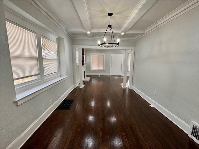 corridor featuring coffered ceiling, dark wood-type flooring, a chandelier, crown molding, and beamed ceiling