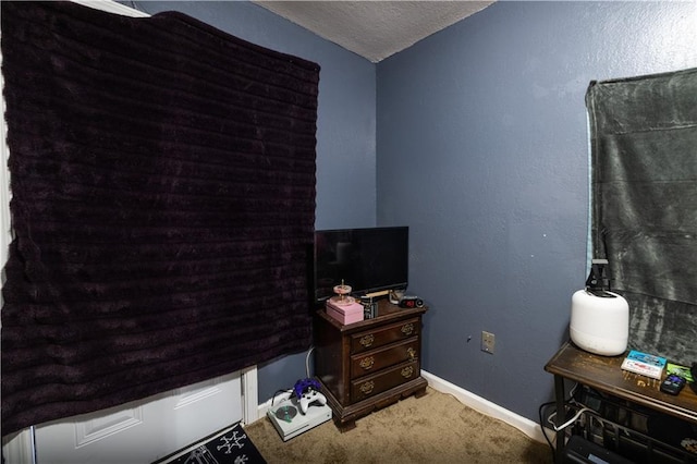 carpeted office with a textured ceiling