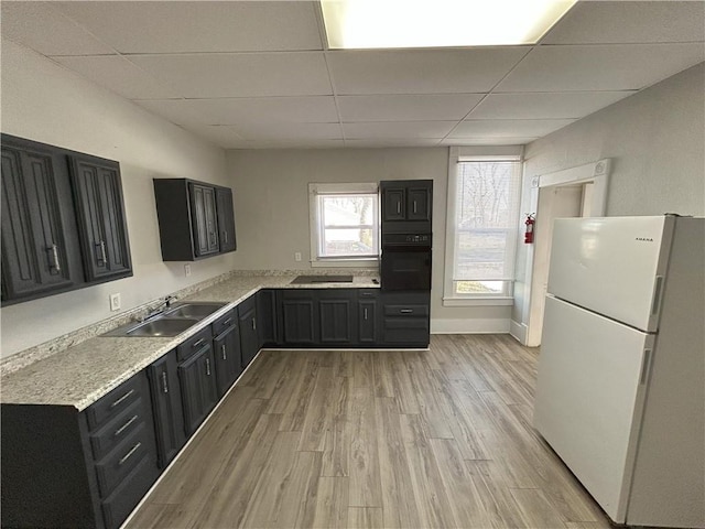 kitchen with a drop ceiling, black appliances, light hardwood / wood-style flooring, light stone counters, and sink