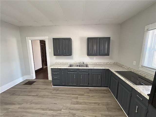 kitchen with light stone counters, sink, black electric stovetop, and light wood-type flooring