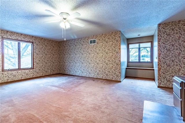 carpeted spare room with a textured ceiling, ceiling fan, and plenty of natural light