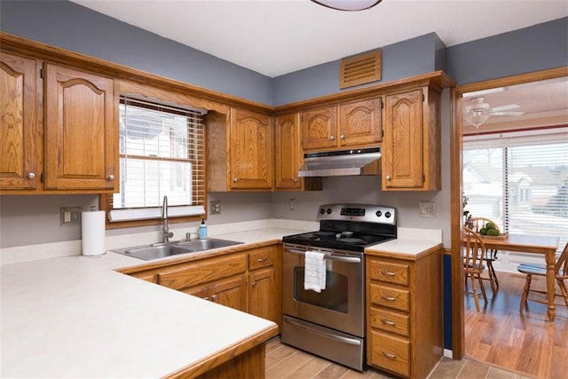 kitchen featuring sink, stainless steel electric range, and light wood-type flooring