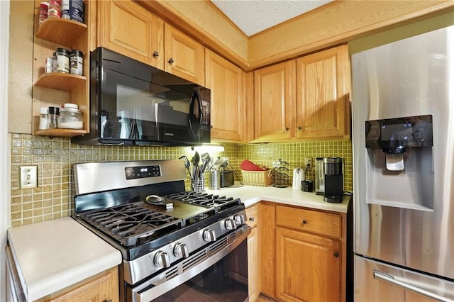 4722 Switzer Rd, Shawnee, KS 66203 - kitchen with appliances with stainless steel finishes, light countertops, decorative backsplash, and open shelves