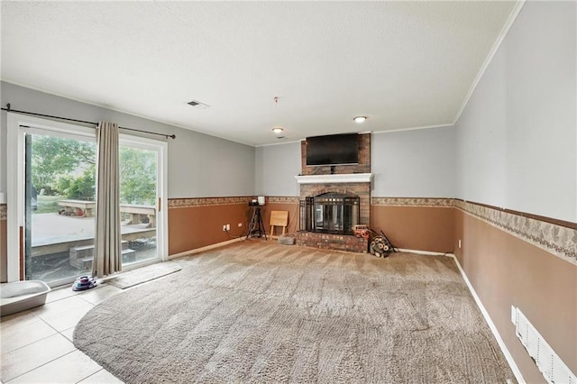4722 Switzer Rd, Shawnee, KS 66203 - unfurnished living room with a fireplace, wainscoting, crown molding, a textured ceiling, and carpet flooring