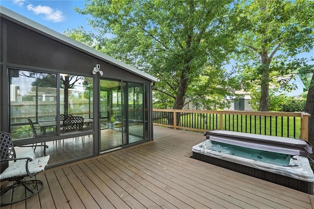 4722 Switzer Rd, Shawnee, KS 66203 - wooden deck featuring a covered hot tub and a sunroom