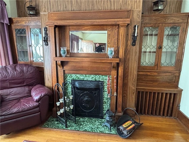 living area with wood-type flooring and a fireplace