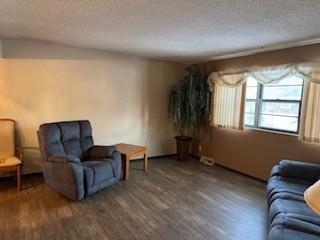 sitting room featuring a textured ceiling and dark wood-type flooring