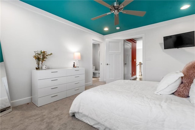 bedroom with recessed lighting, baseboards, ceiling fan, and light colored carpet