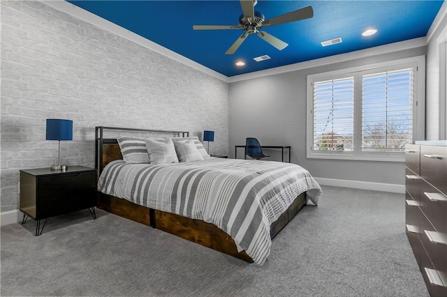 bedroom featuring ceiling fan, carpet, visible vents, and baseboards