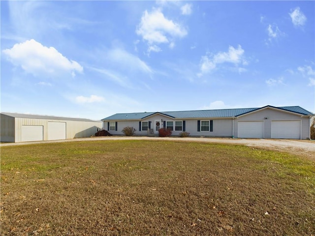 single story home with a front lawn and a garage