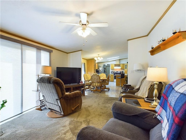 carpeted living room featuring crown molding and ceiling fan with notable chandelier