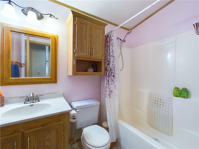 full bathroom featuring toilet, vanity, and shower / tub combo with curtain