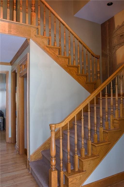 staircase featuring crown molding and hardwood / wood-style floors