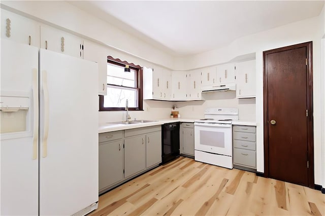 kitchen featuring light hardwood / wood-style floors, gray cabinets, white appliances, white cabinets, and sink