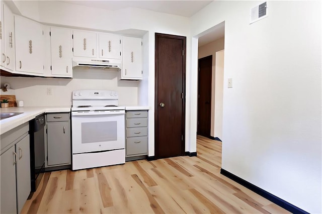 kitchen with light hardwood / wood-style floors, white cabinets, white electric range oven, and dishwasher