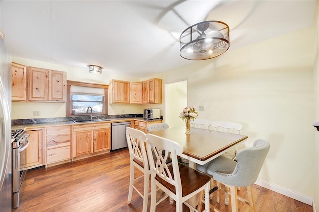 kitchen featuring a sink, stainless steel appliances, wood finished floors, and light brown cabinets