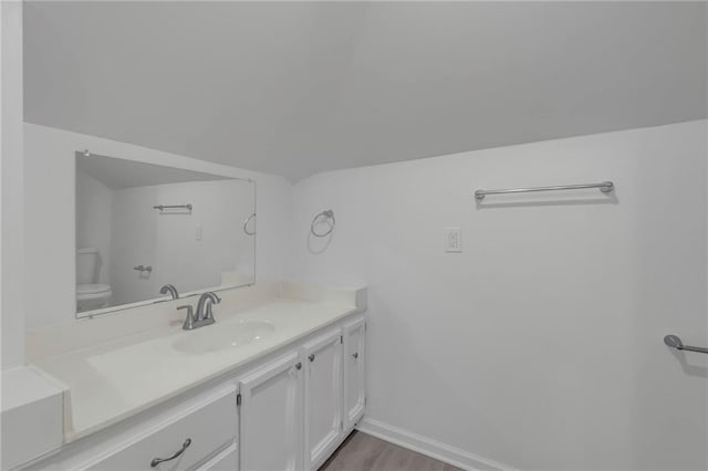 bathroom with hardwood / wood-style flooring, vanity, and toilet