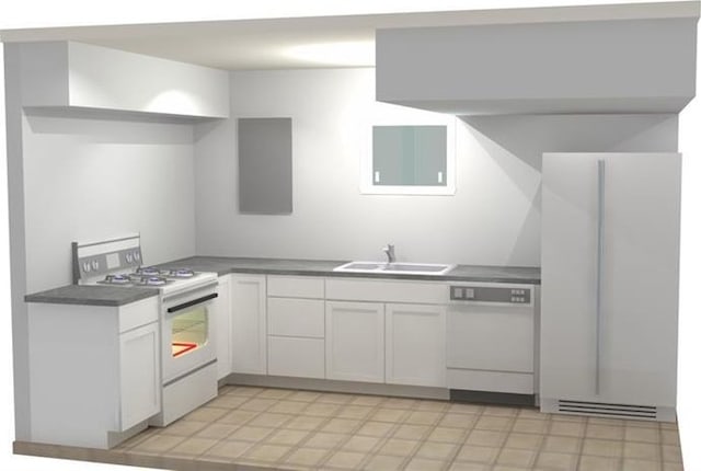 kitchen with white cabinetry, sink, and white appliances