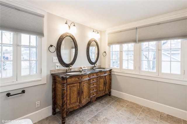 bathroom featuring a healthy amount of sunlight, a sink, baseboards, and double vanity