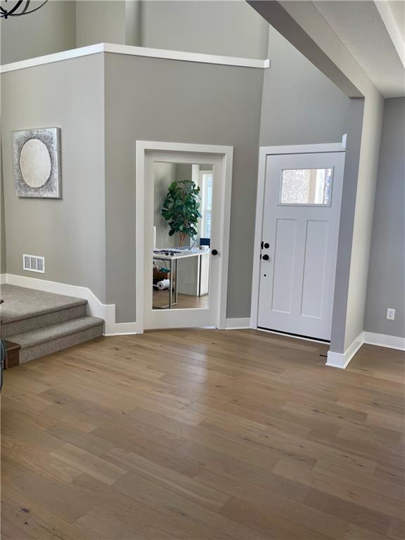 entryway featuring a towering ceiling and wood-type flooring