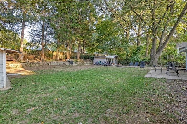 view of yard featuring a patio area and an outdoor structure