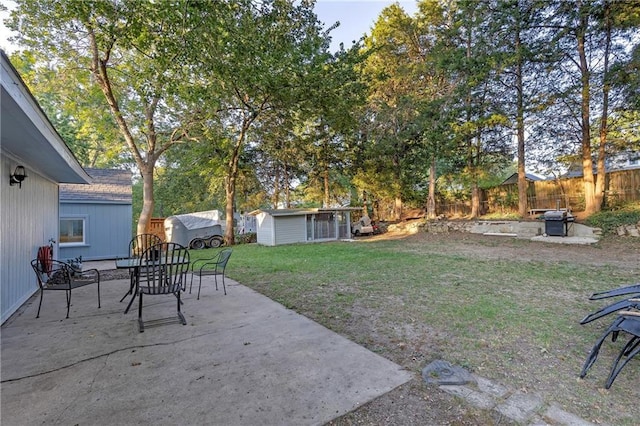 view of yard with a storage unit and a patio area