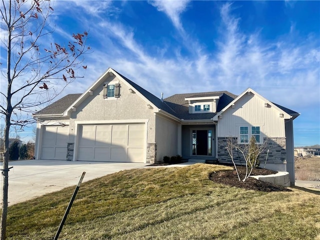 view of front facade featuring a garage, stone siding, a front lawn, and concrete driveway